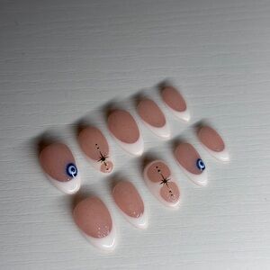 Pink and White Nail Set with Blue Accents